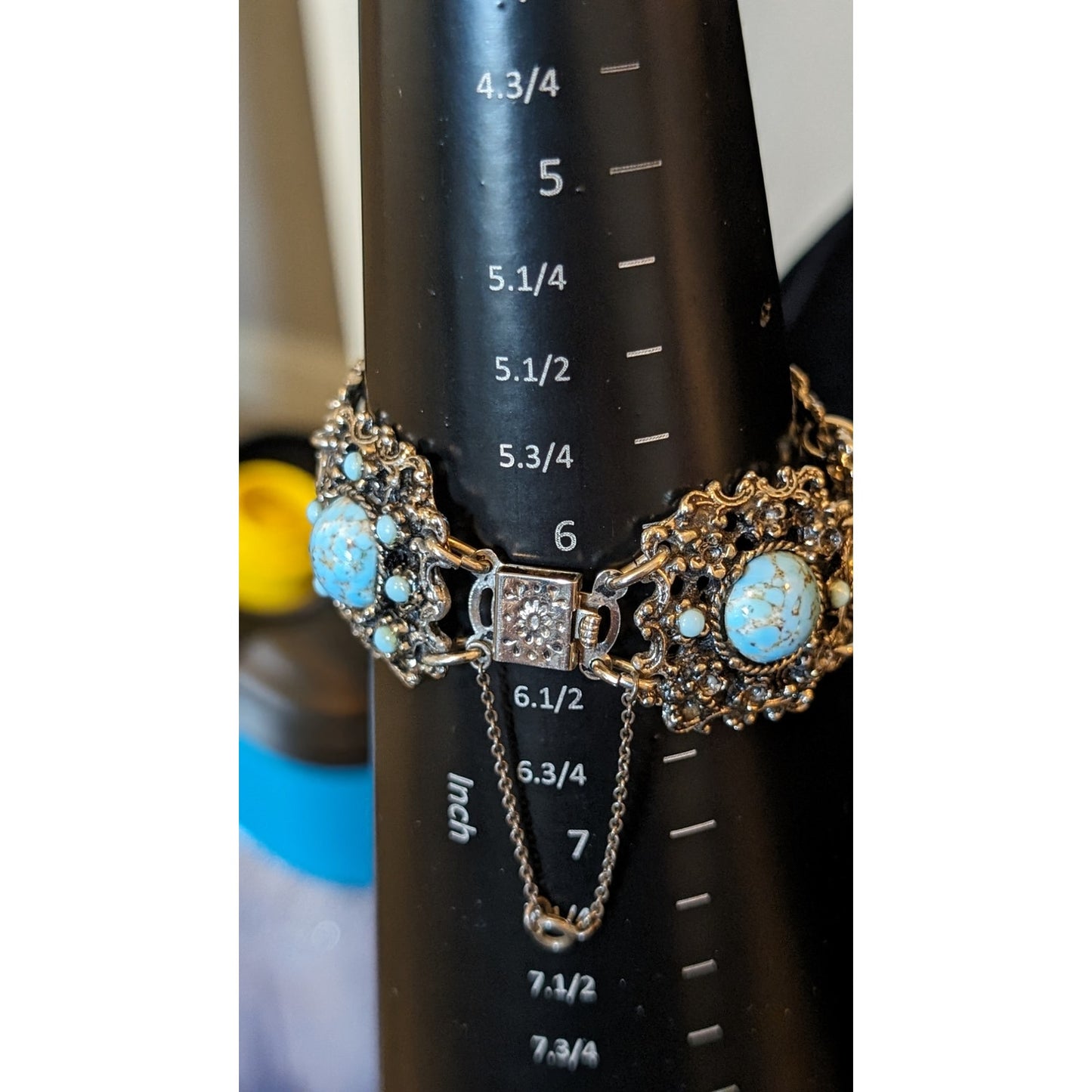 VTG Made in England Blue Stone or Glass Bead Filigree Safety Chain 7" Bracelet