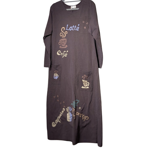 Vintage Mondo Lira 100% Cotton Brown Wearable Art Pocketed Coffee Kaftan Sz S