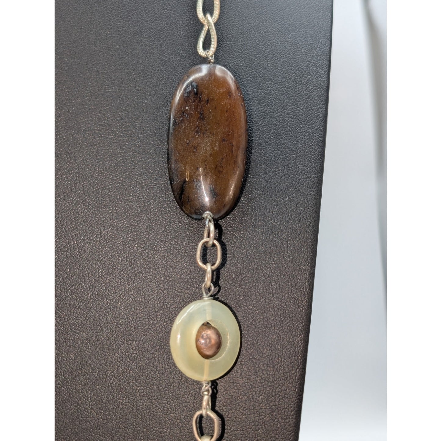 Vtg Green Brown Neutral Colors Stone & Glass Bead Silver Tone Chain Necklace