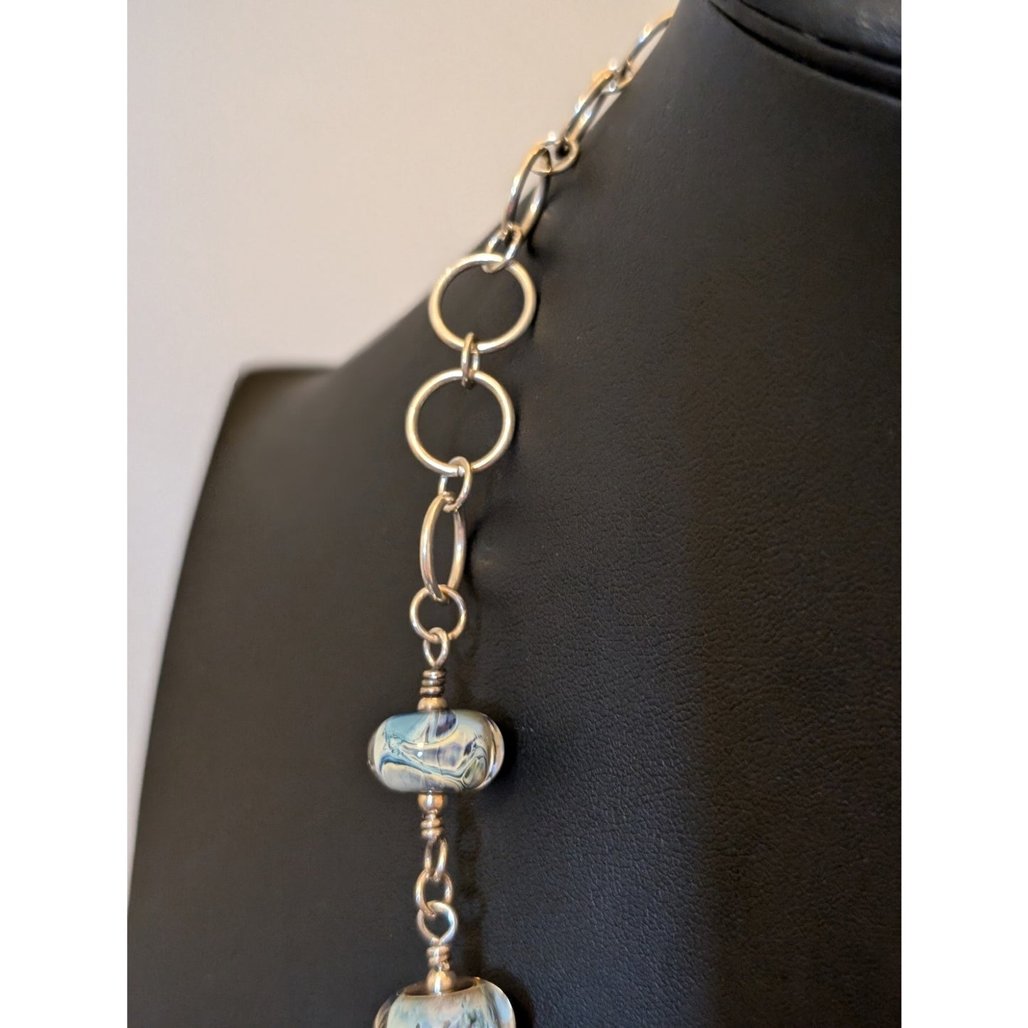 Signed 'Moon' Turquoise Brown Cream Striped Lampwork Bead Sterling Necklace