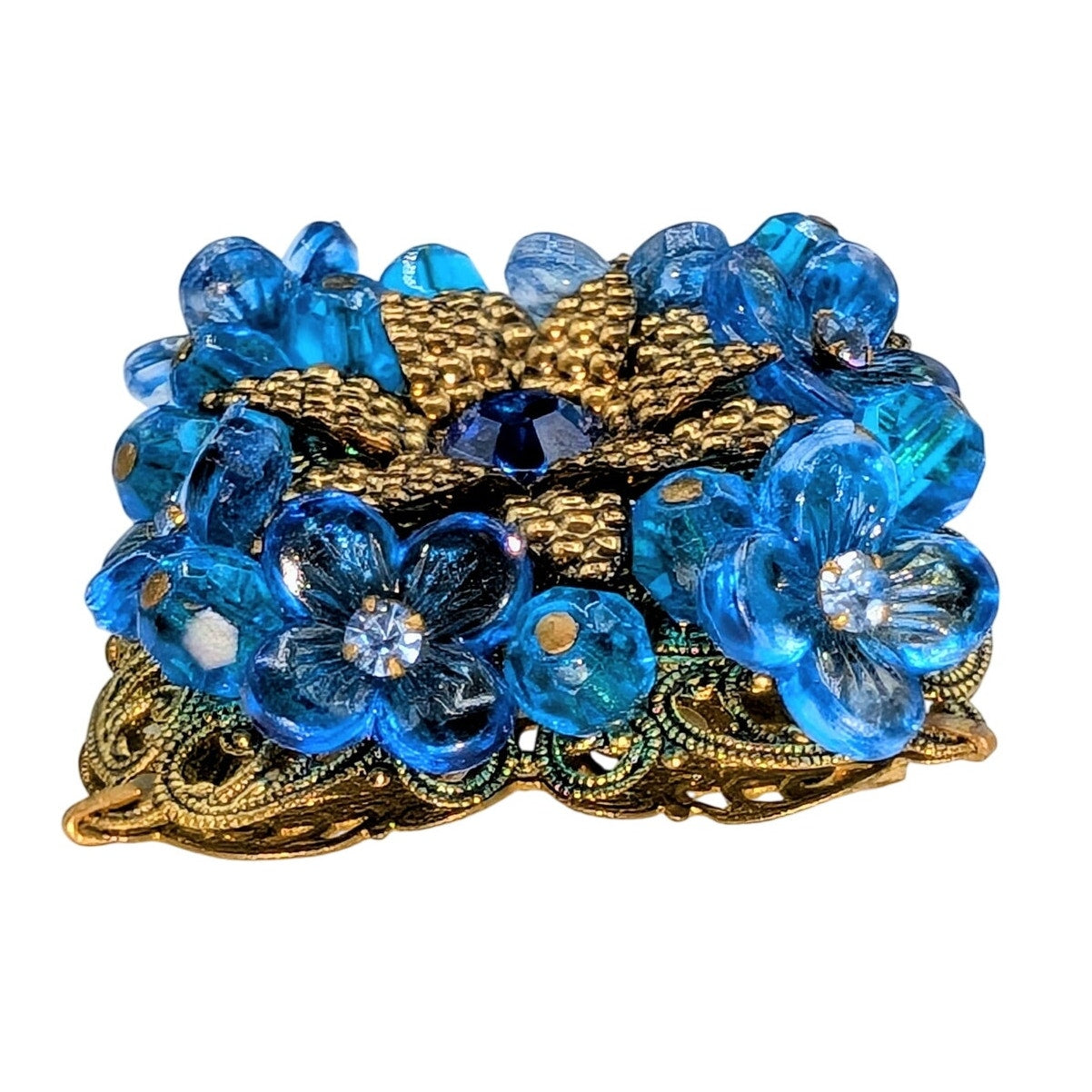 Vintage Signed Made in Germany Gold Tone Blue Floral Rhinestone Filigree Brooch