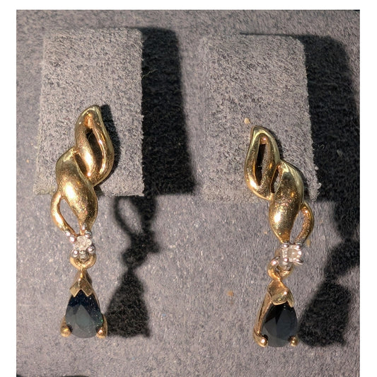 14K Flame Teardrop Sapphire Diamond Drop Pierced Earrings