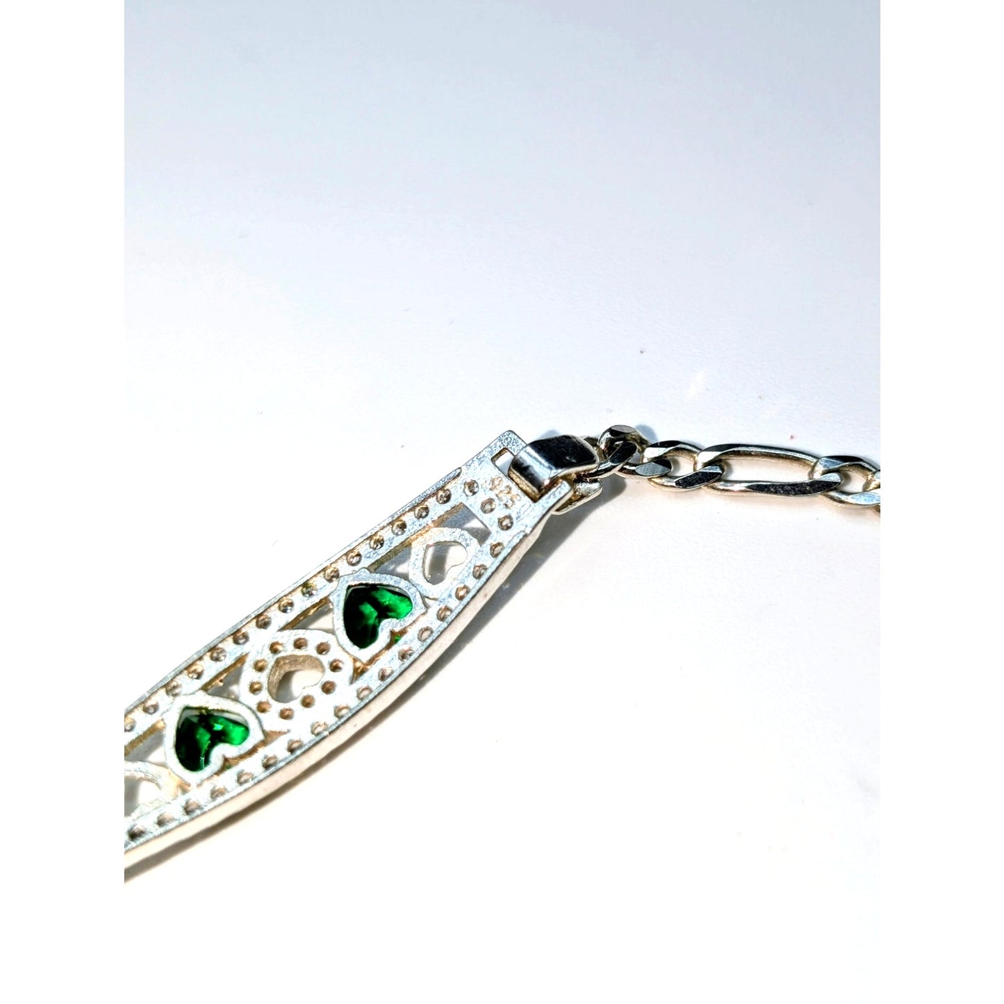 Green Glass Heart Rhinestone 925 Sterling Silver Figaro Chain Bracelet