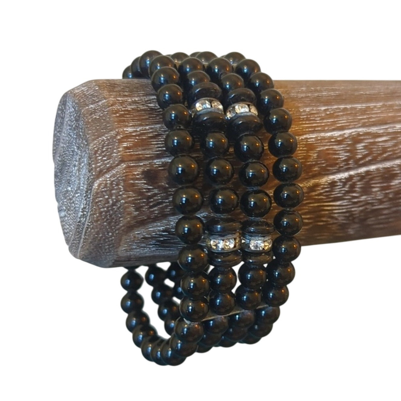 Vintage Four Strand Jet Black Glass Bead Coil Memory Wrap Mourning Bracelet