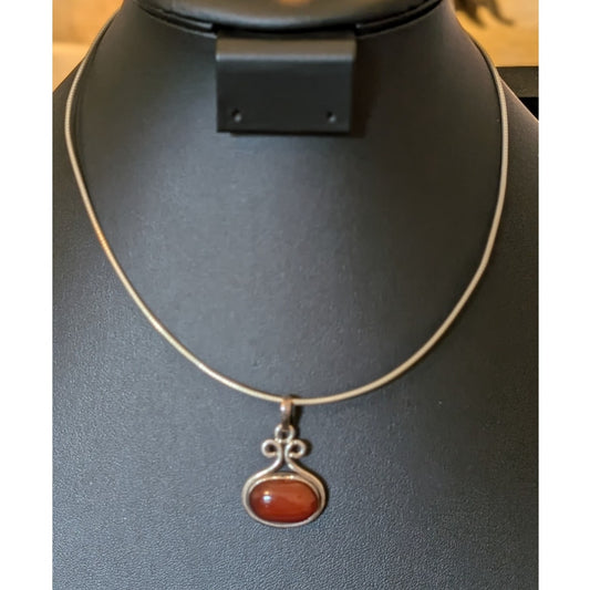 VTG Red Oval Stone Sterling Silver Pendant on 17" Sterling 1.5mm Cord Necklace