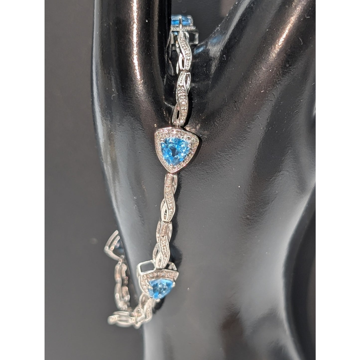 Trillion Cut Blue Topaz & Diamond Marked 925 Sterling Silver Bracelet