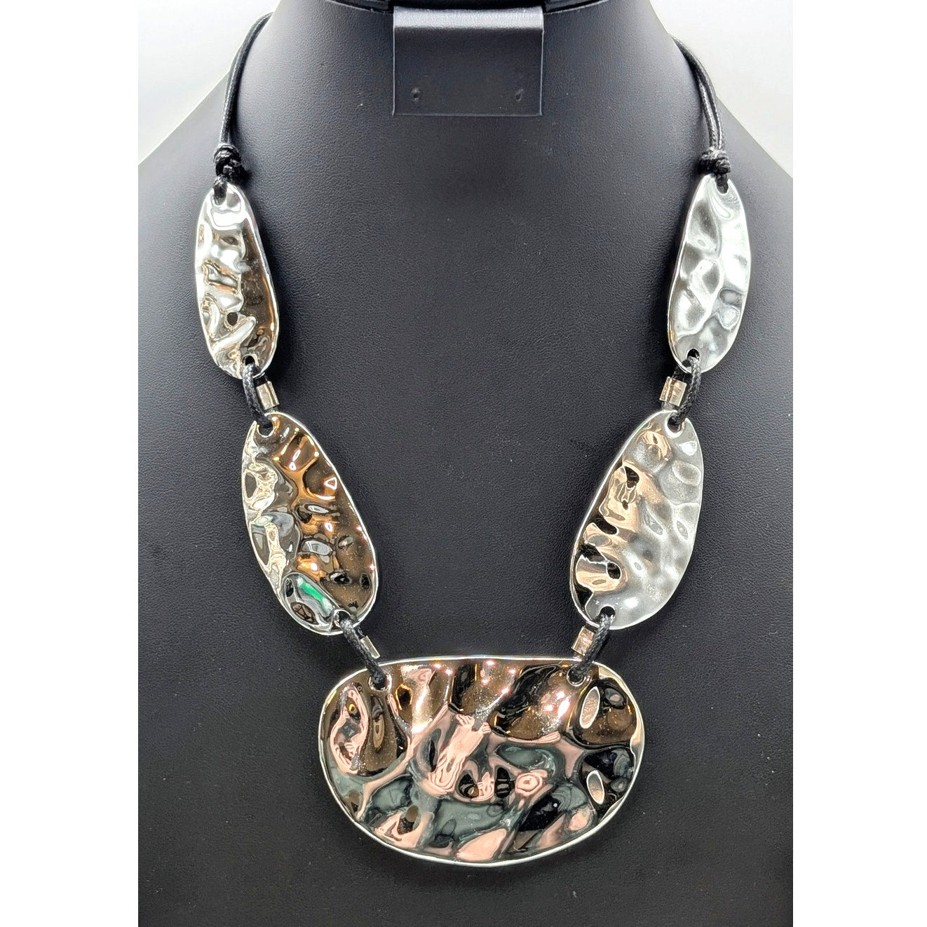 Silver Tone Chunky Hammered Disk Corded 21.5" Necklace