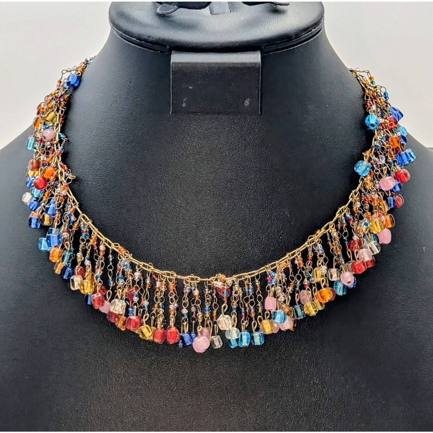 VTG Signed 'ZAD Murano Glass Style Cube Rainbow Beaded Fringe Collar Necklace