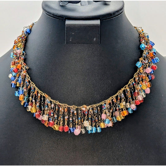 VTG Signed 'ZAD Murano Glass Style Cube Rainbow Beaded Fringe Collar Necklace
