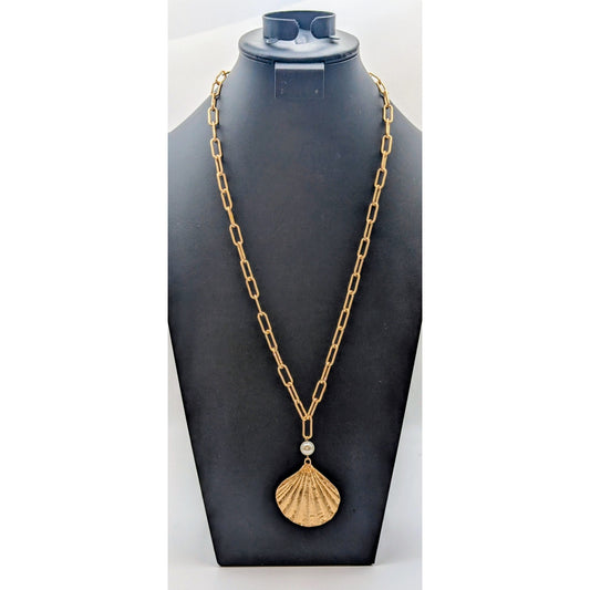 Gold Tone Clam Shell Faux Pearl Paper Clip Long Chain 28.25"-31.25" Necklace