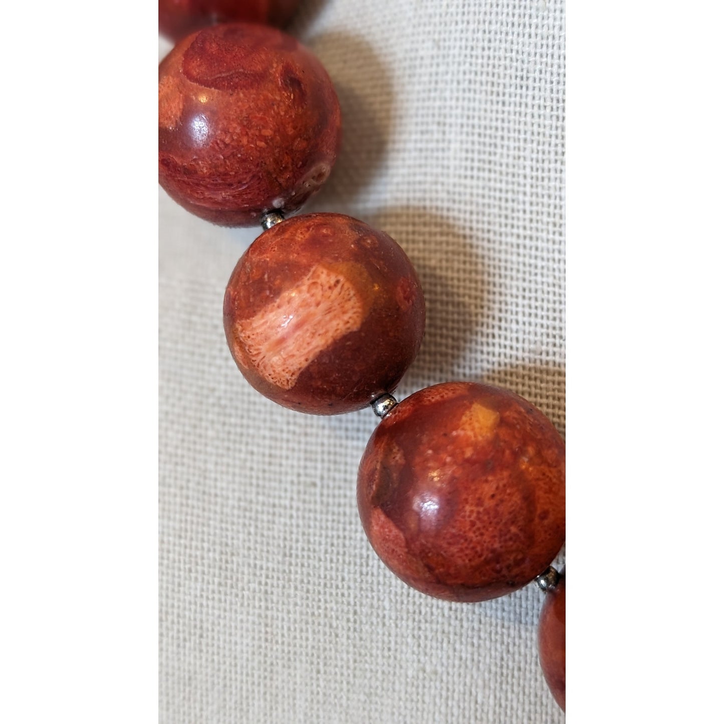 Genuine Coral Marbled Red 20 Bead Statement Necklace w/ Sterling Toggle Clasp