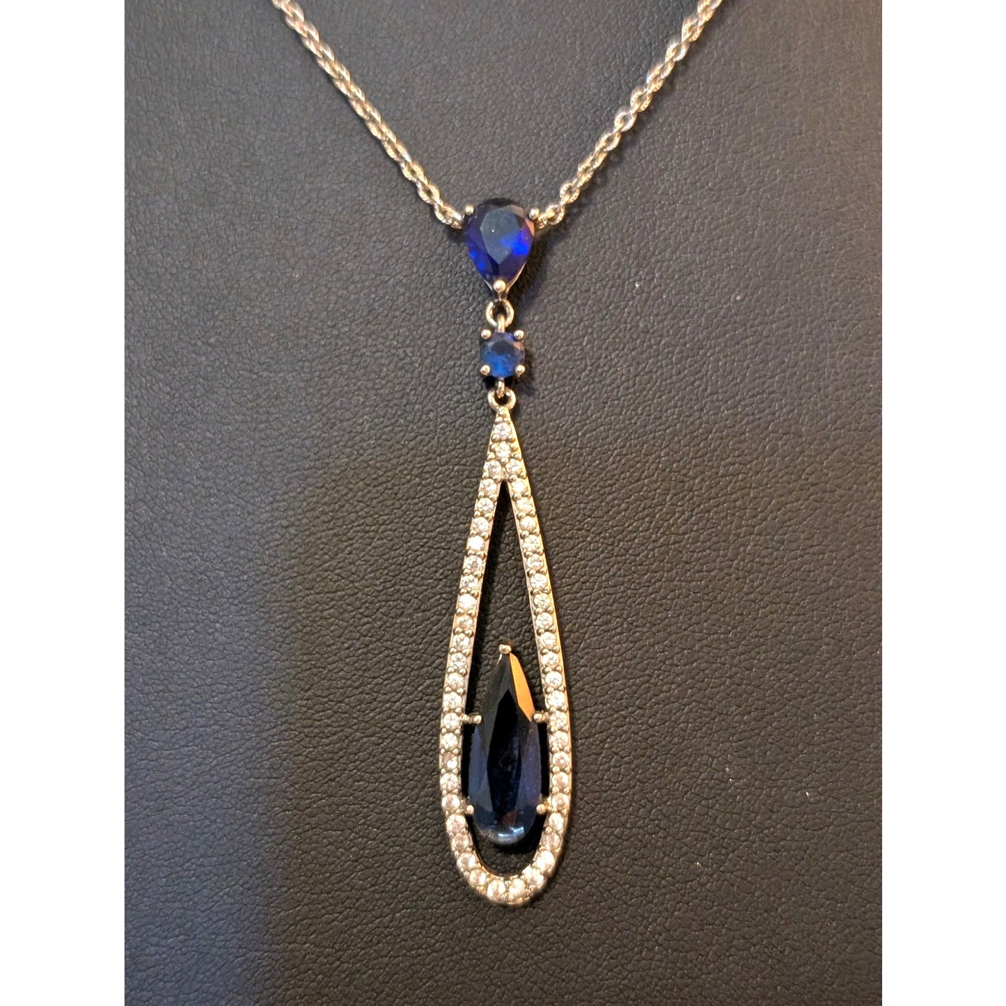 Carolee Faux Sapphire Silver Tone Linear Teardrop 19" Necklace