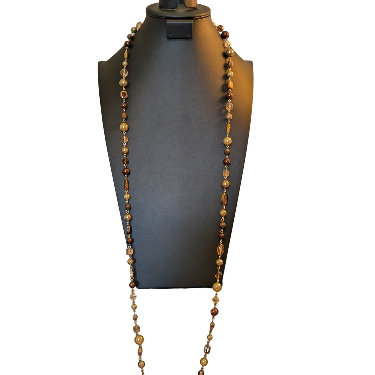 VTG Amber Champagne Cognac Bronze Peach Color Glass Crystal Faux Pearl Necklace