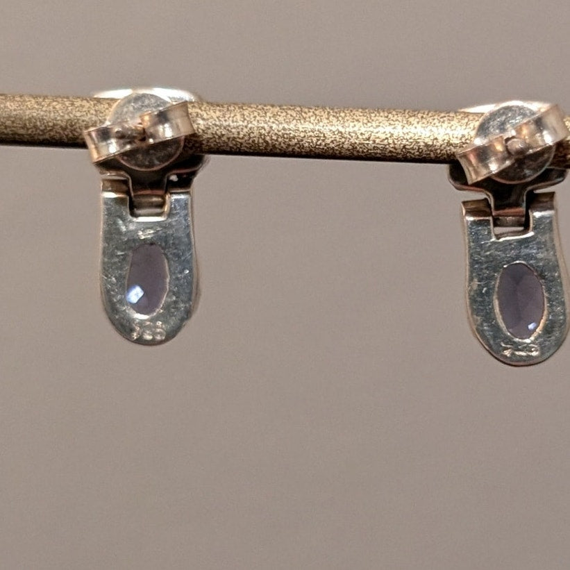 Vtg 1990s 925 Sterling Hinged Amethyst & Iolite Gemstone Drop Post Earrings
