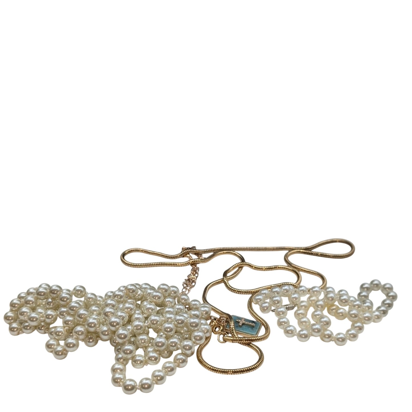 Lot of 4 Gold Tone Necklaces-Short Pearl Long Pearl Long Snake Chain & Cross