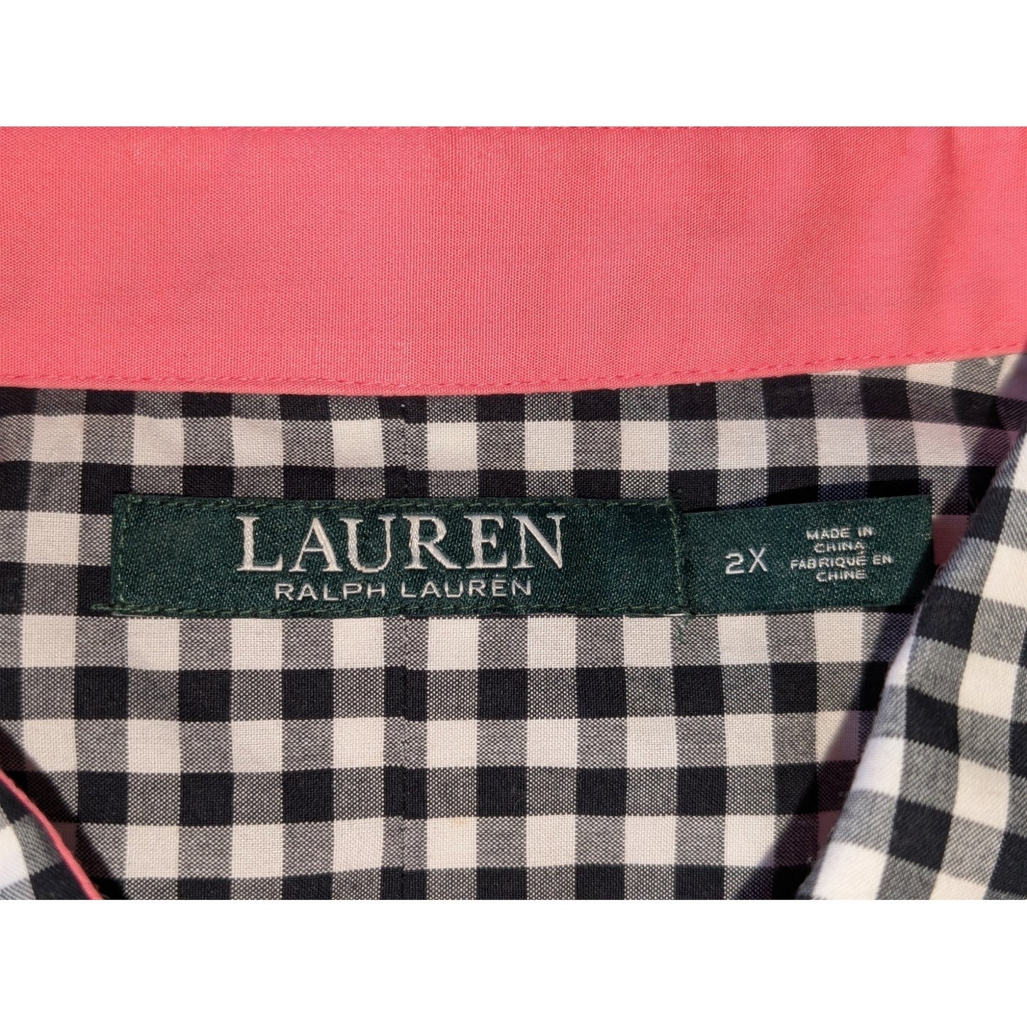 Lauren Ralph Lauren Black White Gingham Check Pink Accent Button Shirt Sz 2X