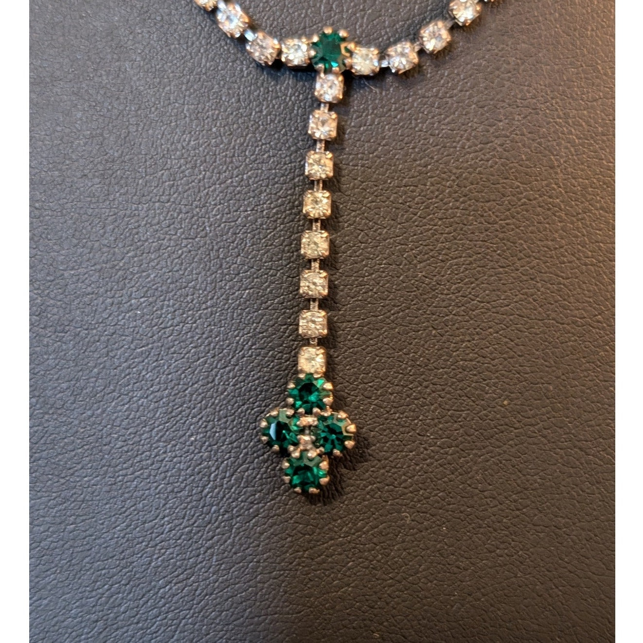 Vintage Rhinestone Green Drop Dangle Fold Over Clasp Silver Tone Necklace