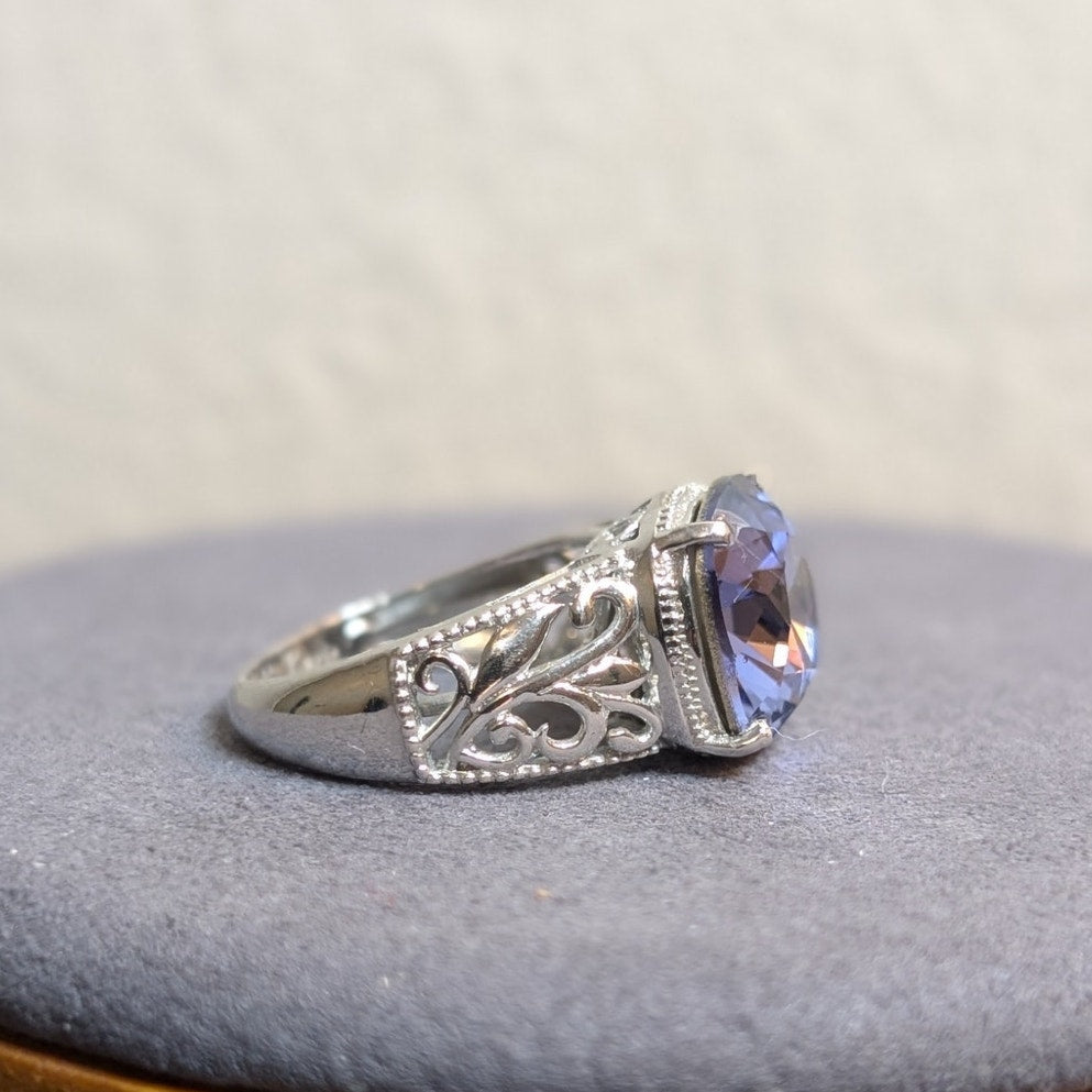 STS Karis Silver Tone Filigree Tanzanite CZ Statement Fashion Ring Sz 6.75