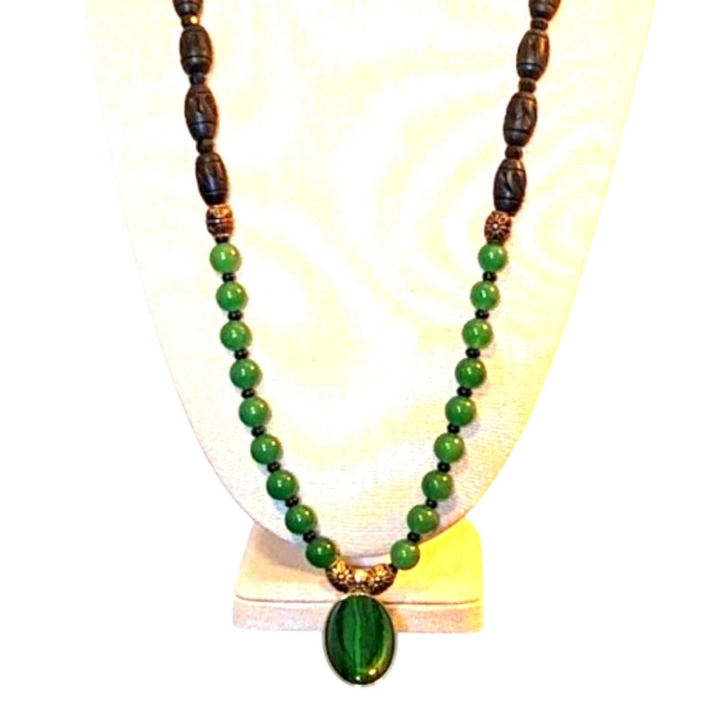 Green Gemstone Black Carved Bead Malachite Pendant Necklace