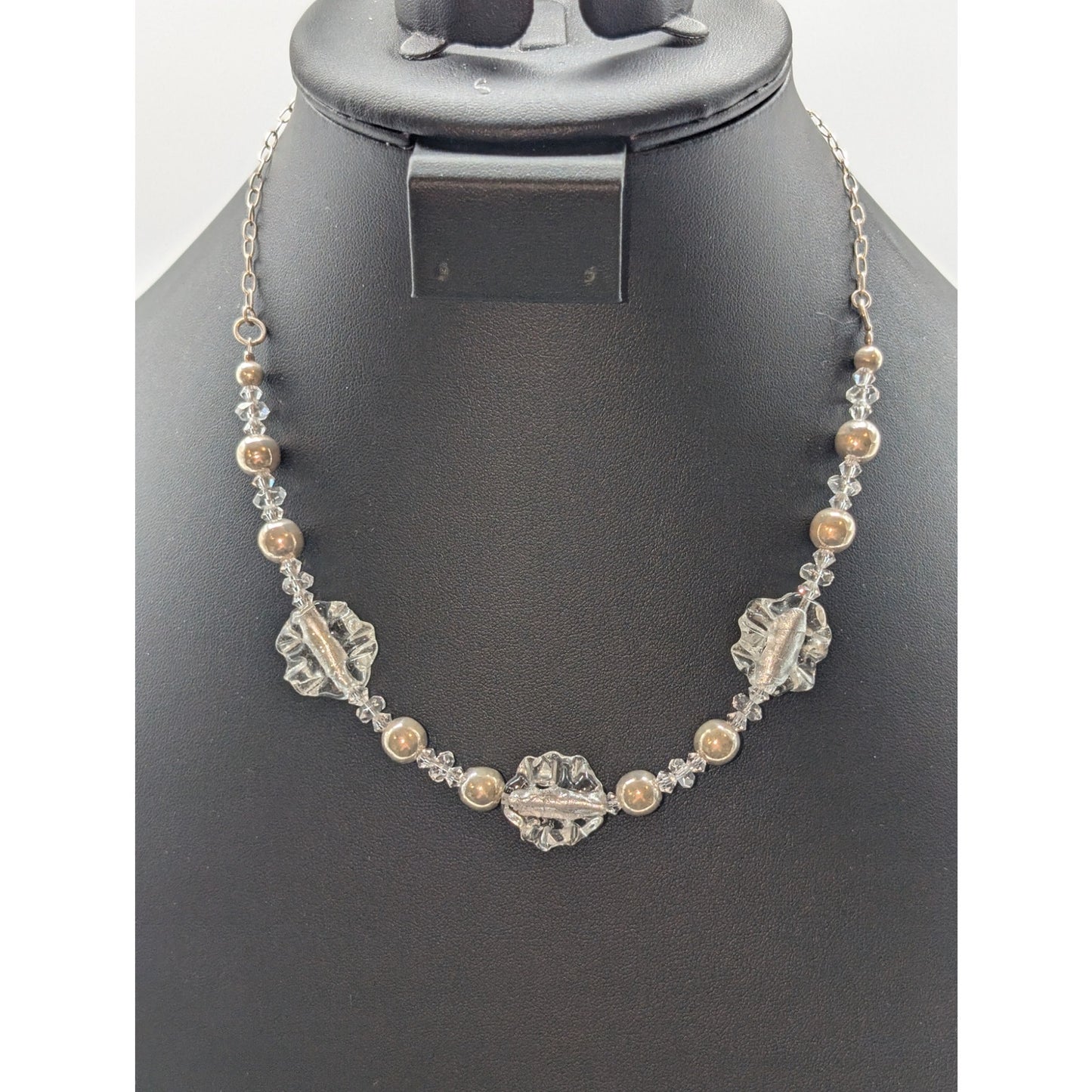 VTG 925 Sterling Silver Bead & Ruffled Foil Glass Bead Crystal 18" Necklace