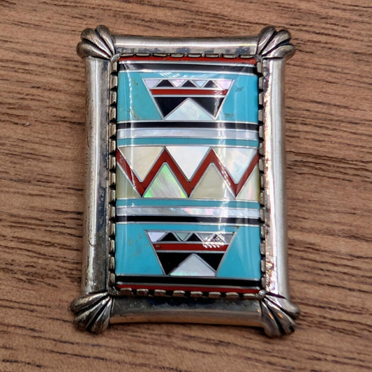 Vtg Carolyn Pollack Relios Southwestern Inlay Stone Sterling Brooch/Pendant