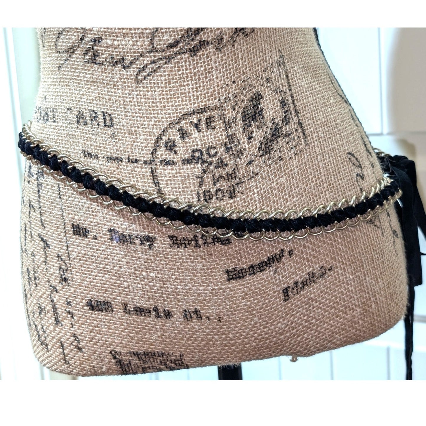 Vintage Black Velvet Ribbon Woven Gold Tone Chain Approx. 80" Chain Belt