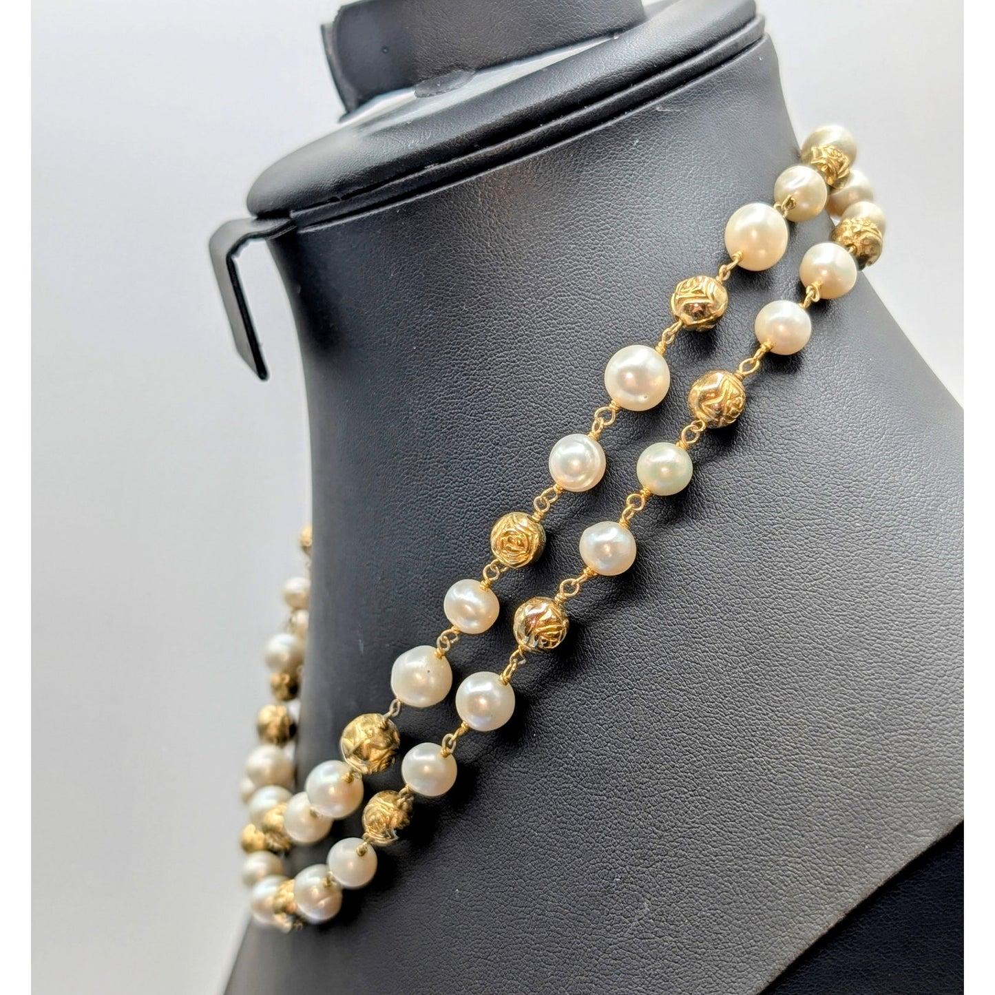 Vintage Gold Tone Rose Embossed Bead Genuine Pearl Double Strand Necklace