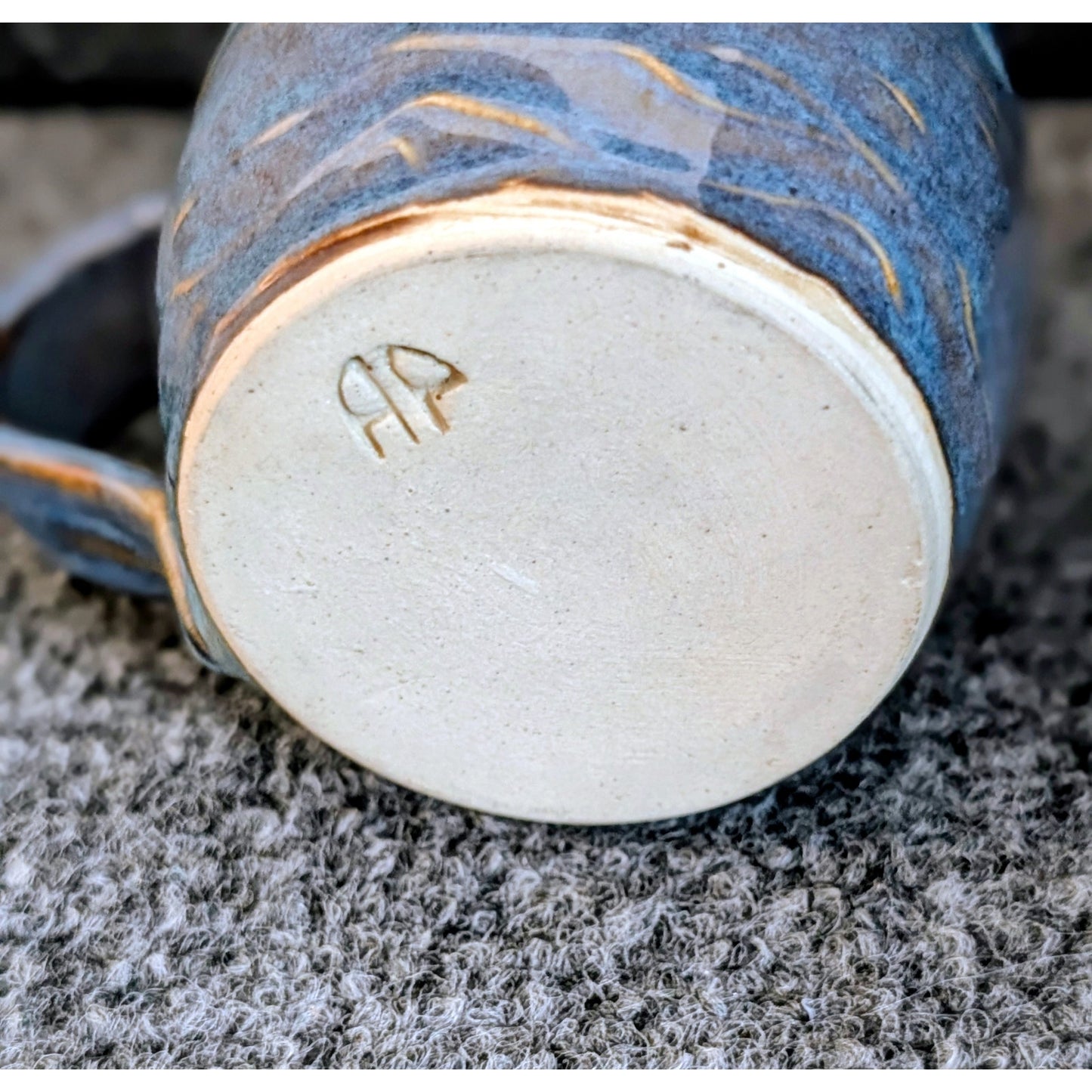 Signed Blue Waves Hand Thrown Pottery Coffee Mug
