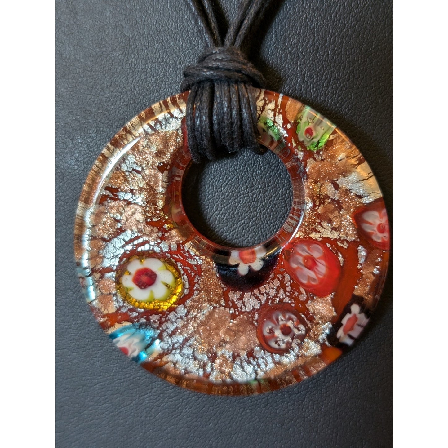 Funky Boho Retro Glass Flower Pendant Cord Necklace