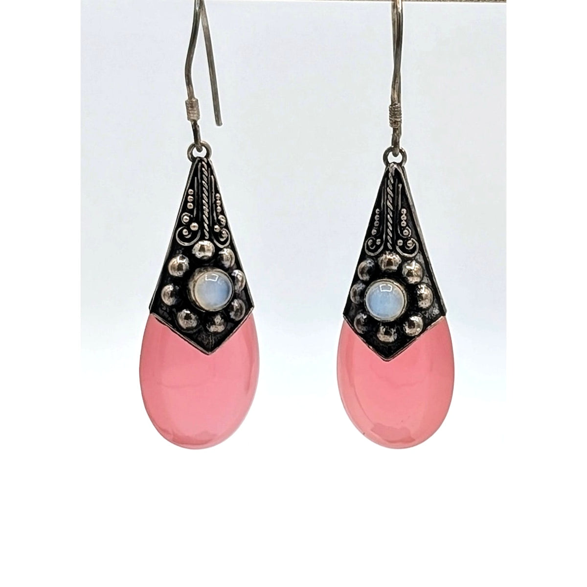 Vintage 925 Sterling Silver Pink Opalite Dangle Tribal Balinese Earrings