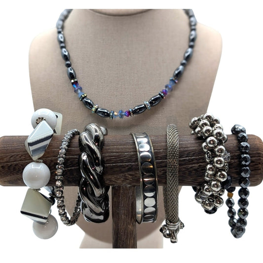 Lot of Eight Silver Tone Metallic Gray Coordinating Jewelry Pieces