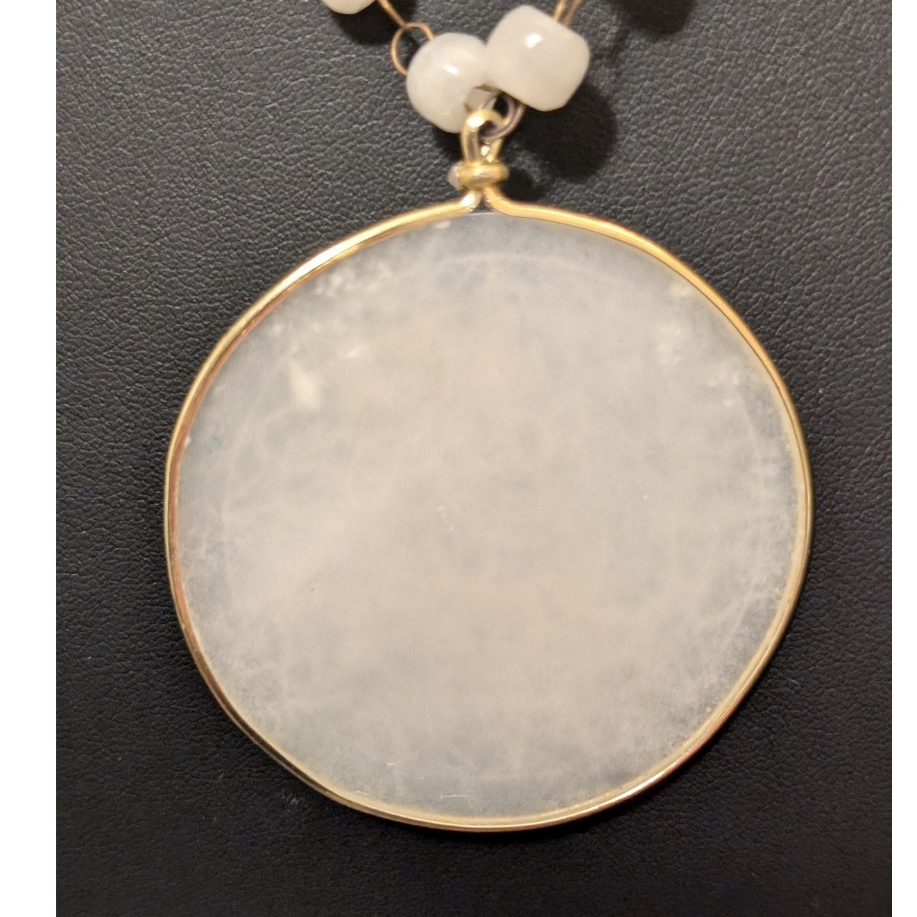 Carved White Quartz Mother of Pearl Gold Tone Bezel Medallion Beaded Necklace