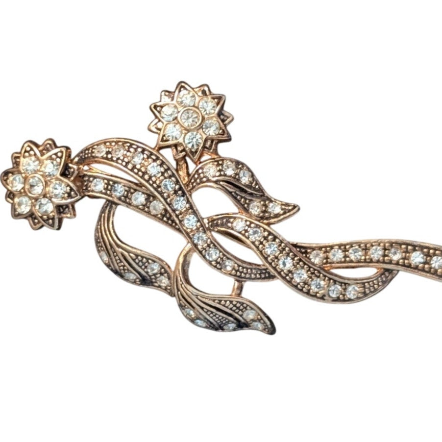 Vintage Gold Tone Two Flower Rhinestone  Brooch