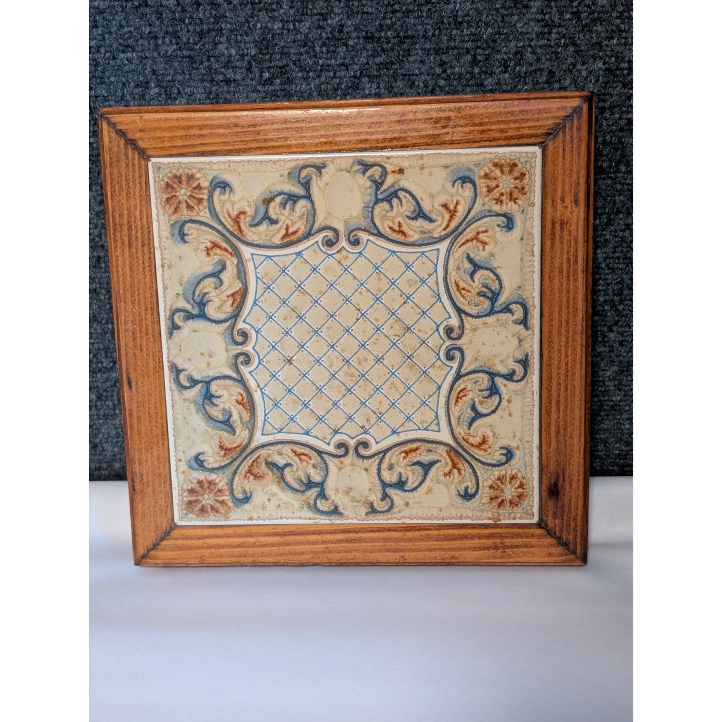 Vintage Italian Ceramic Tile Wood Framed Square Trivet Art Nouveau Pattern