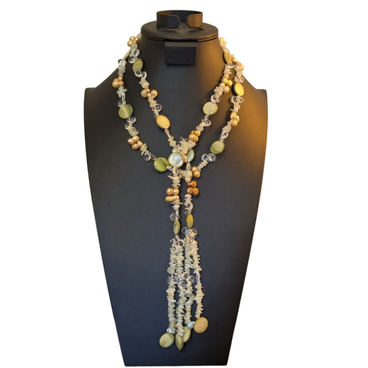 58" Long Green Coin Shell Stone Chip Gold Pearl Glass Teardrop Lariat Necklace