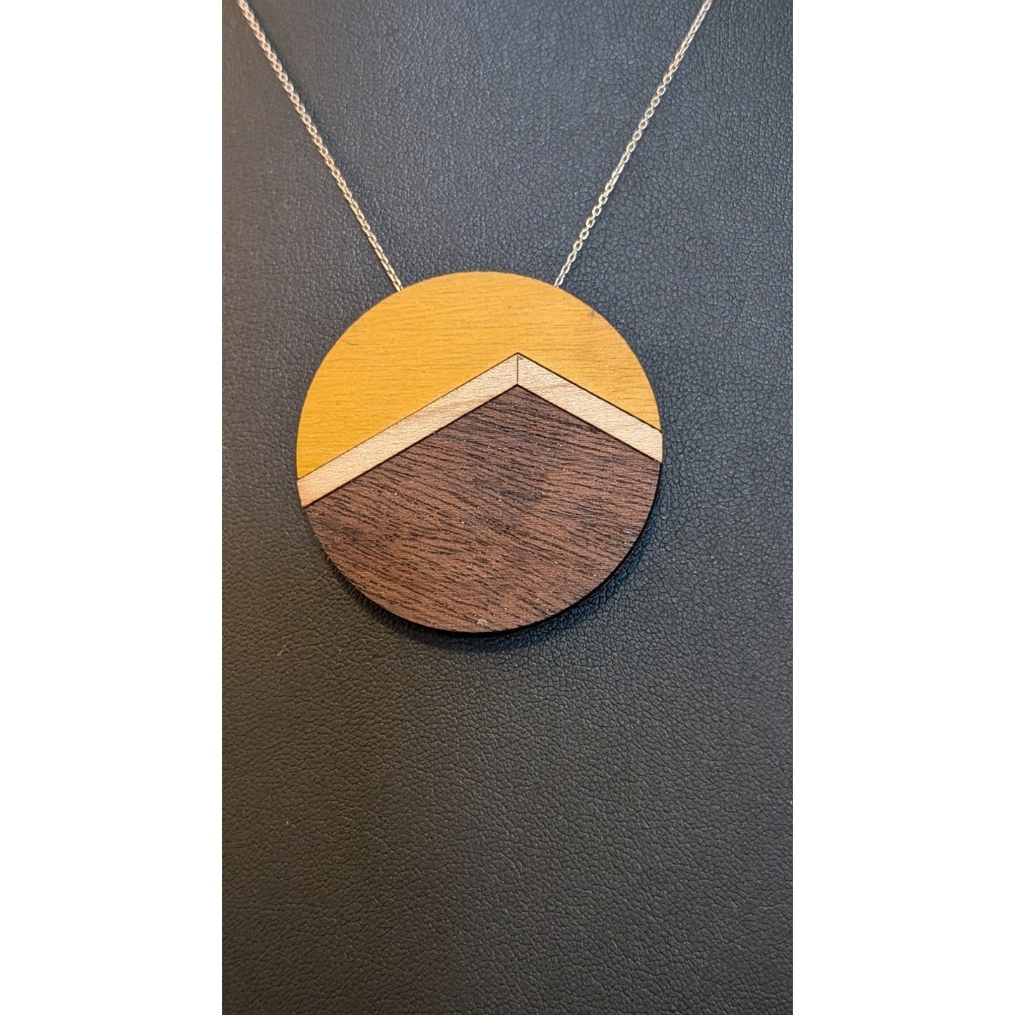 925 Italy Sterling Silver Chain & Wood Inlay Pendant 17.5" Necklace