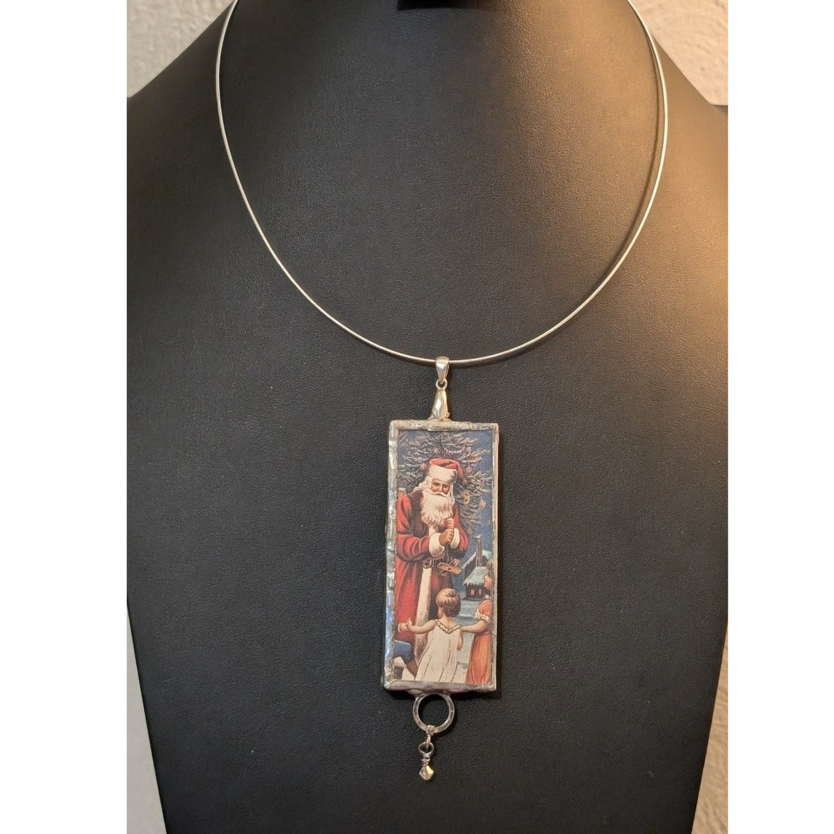 Vtg Christmas c1910 Postcard Jack O Lantern Two-Sided Soldered Pendant Necklace