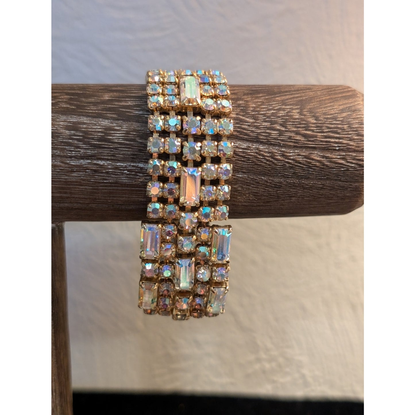 Vintage 1960s Unsigned Aurora Borealis Crystal Gold Tone Wide Bracelet W/ Safety