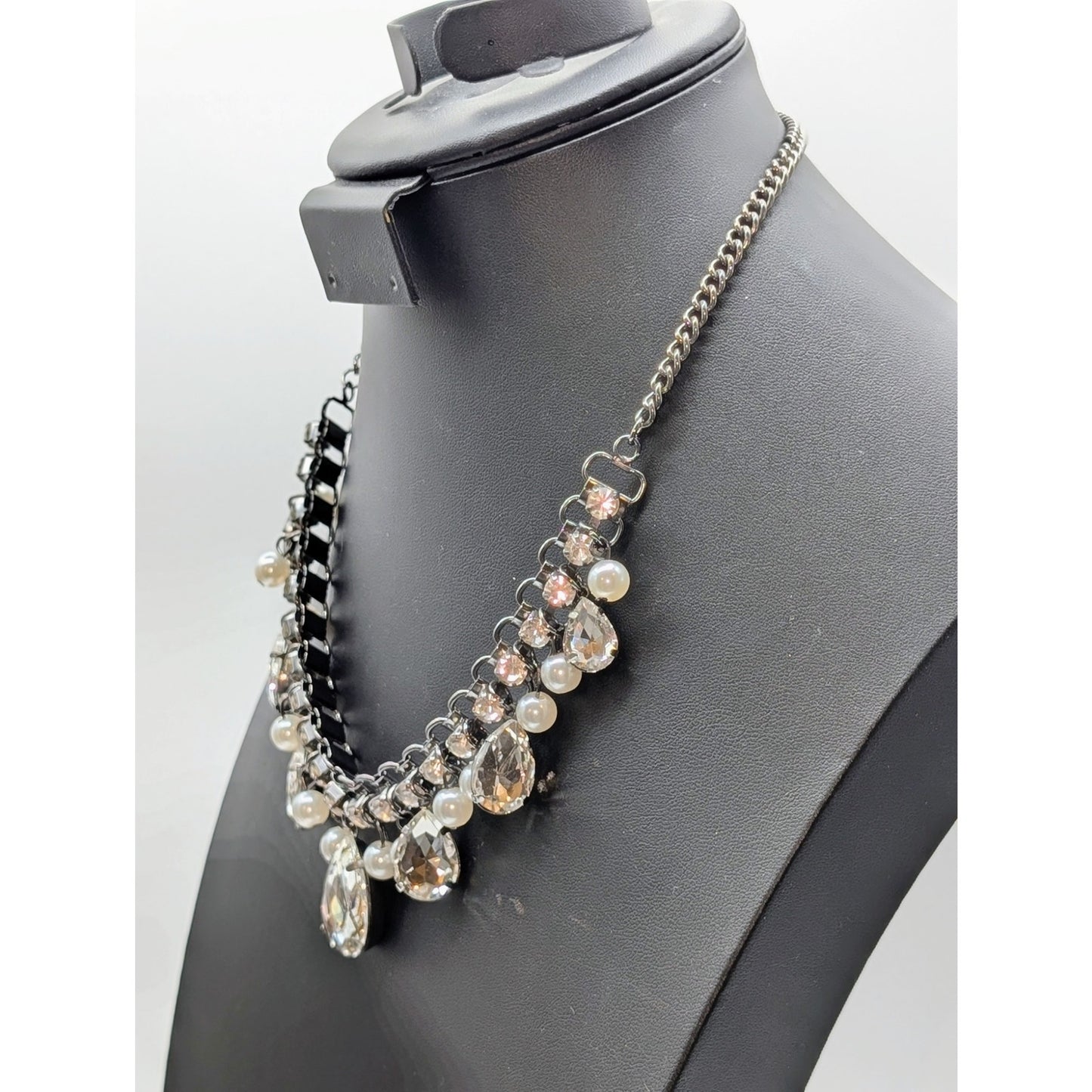Gun Metal Rhinestone Pearl Dangle 18.5"-21.5" Statement Necklace