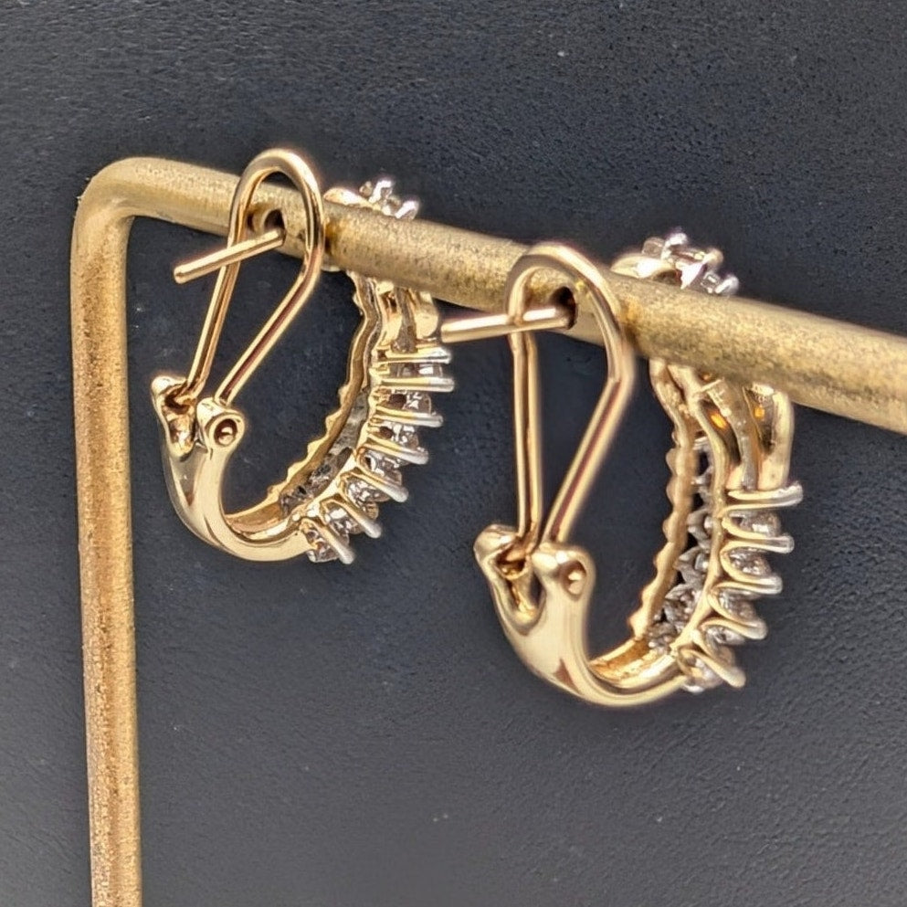 Vtg 14K Yellow & White Gold Diamond Omega Back Curved Hoop Earrings 4.83g
