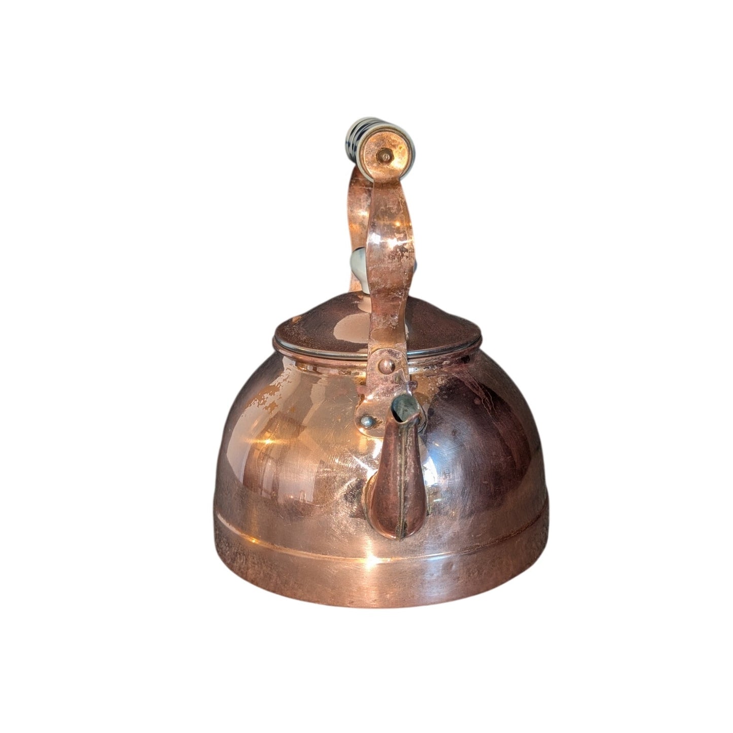 Vintage Antique Copper Tea Kettle W/ Blue White Ceramic Handle & Lid