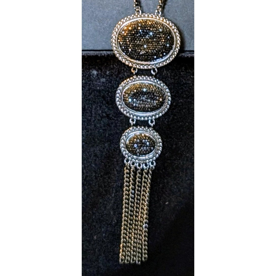 Triple Station Black Sparkle Fringe Long Gun Metal Necklace
