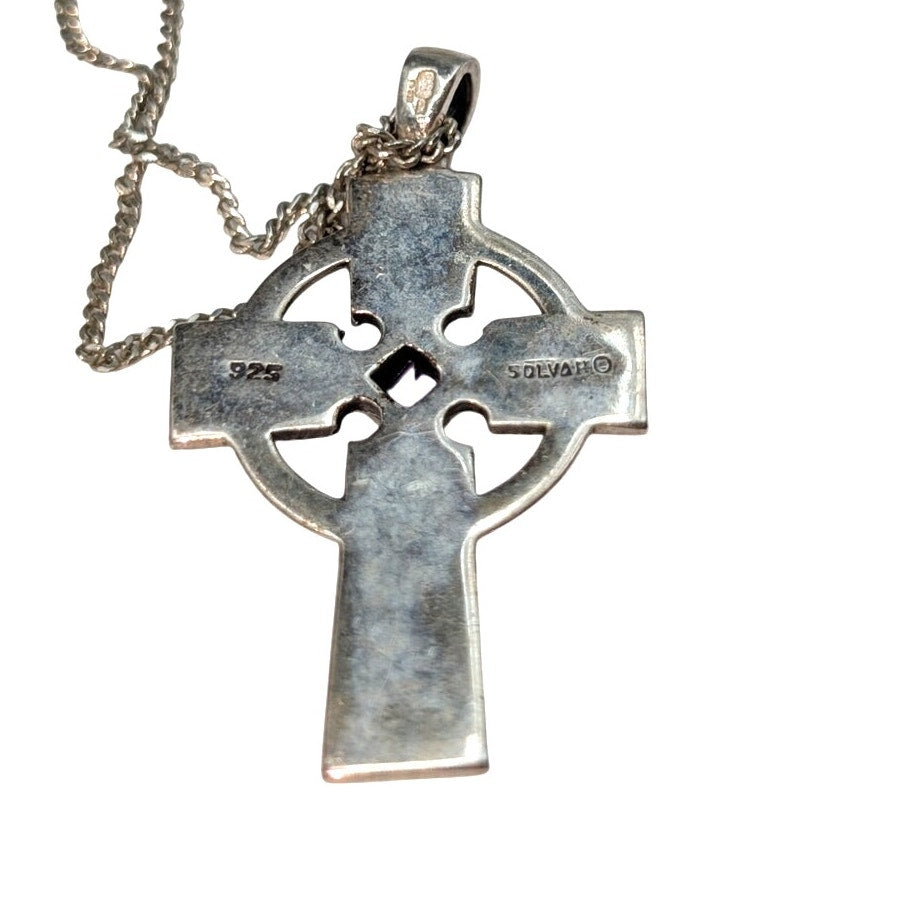 925 Sterling Silver Marcasite Amethyst Celtic Cross Pendant Chain 18" Necklace