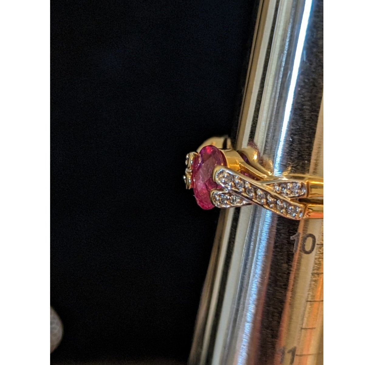 14K Gold Natural Pink Tourmaline & Diamond Criss Cross Band Ring Size 9.5