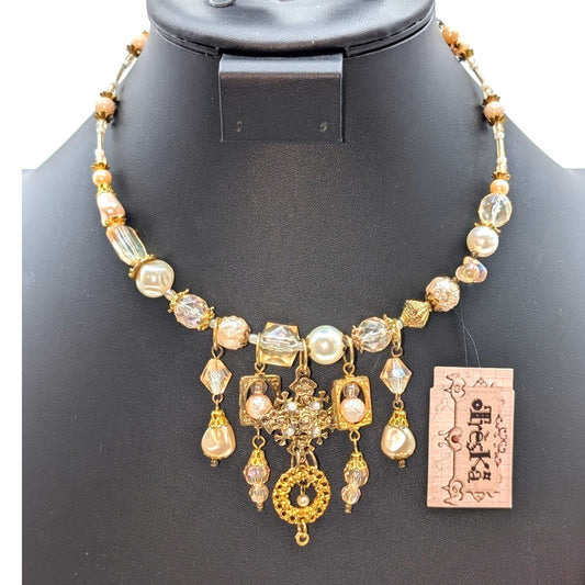 Treska Pearl Dangle Gold Tone Bead Wire Wrap Choker Necklace NWT