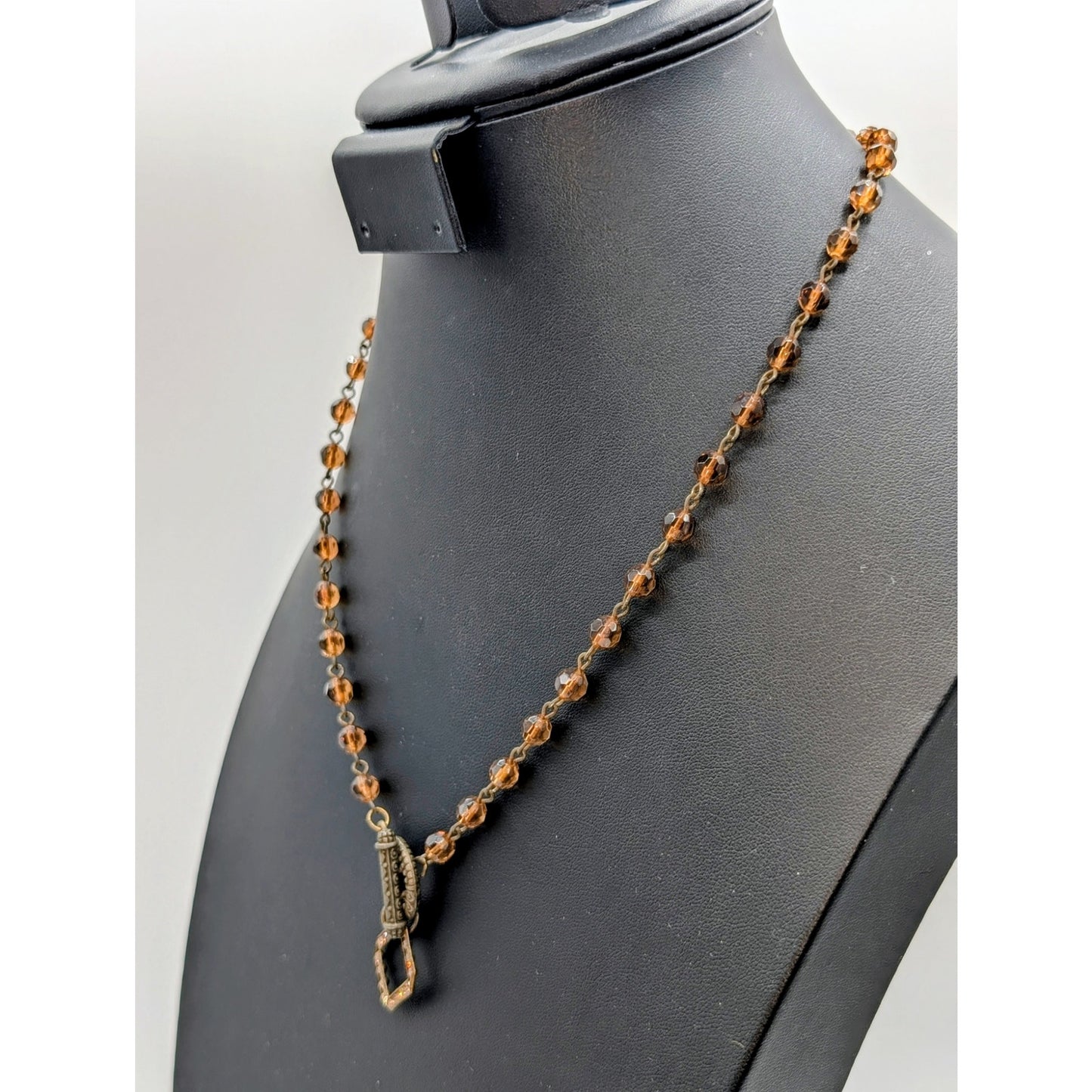 Vtg Amber Color Czech Glass Bead Toggle Clasp Rhinestone Pendant 21" Necklace