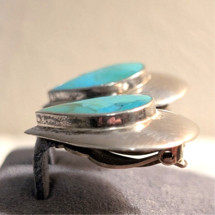 Vintage Turquoise Sterling Silver Teardrop Clip On Earrings