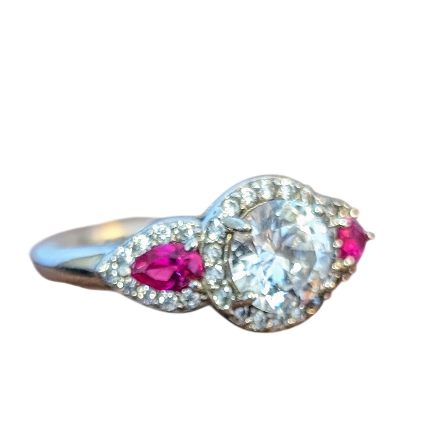 925 Large Round CZ & Lab-Created Ruby Trillion Accent Stone Engagement Ring Sz 8