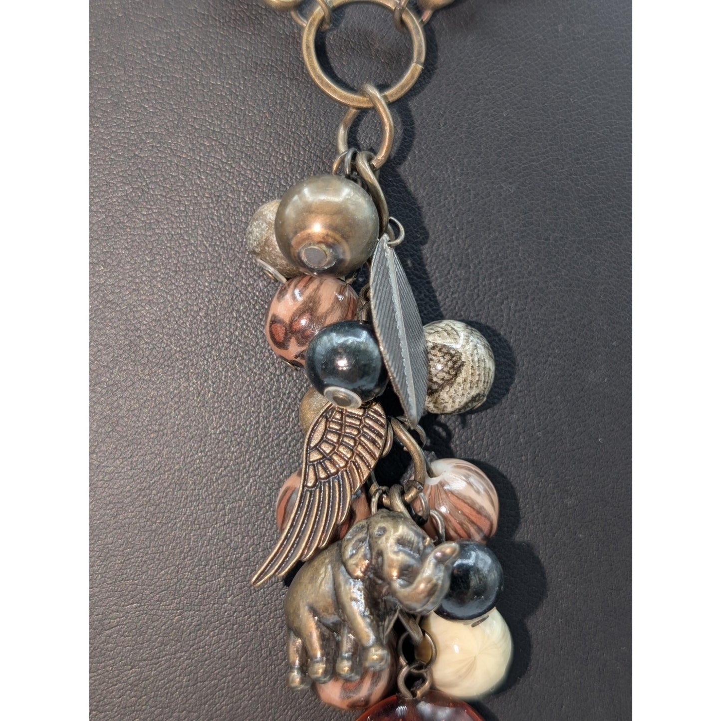 Antiqued Chain Animal Print Beaded Charm Cluster Drop 30" Necklace