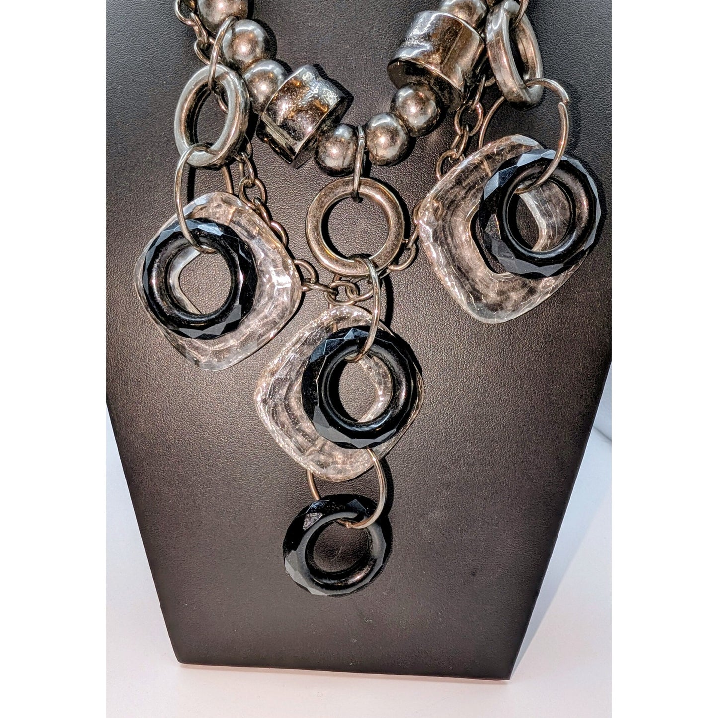 Chunky Geometrical Gun Metal Crackled Clear & Black Loopy Bead Chain Necklace